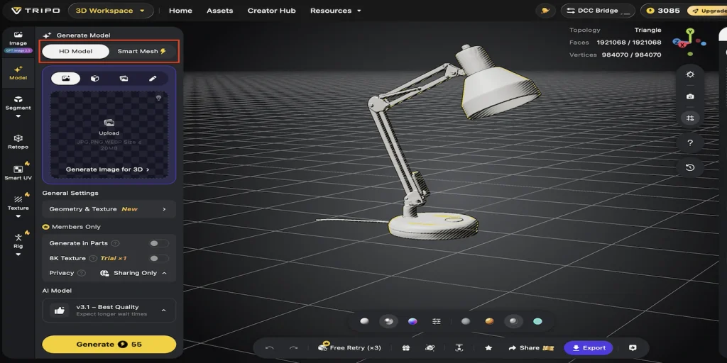 Tripo Studio 3D viewport showing an adjustable desk lamp model from a wider perspective, with HD Model and Smart Mesh options highlighted.