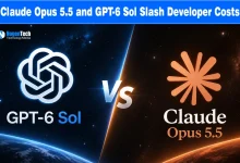 Split-screen image comparing GPT-6 Sol and Claude Opus 5.5 logos against a space backdrop.