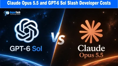 Split-screen image comparing GPT-6 Sol and Claude Opus 5.5 logos against a space backdrop.