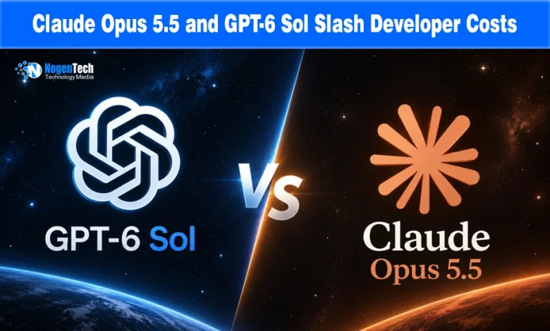 Split-screen image comparing GPT-6 Sol and Claude Opus 5.5 logos against a space backdrop.