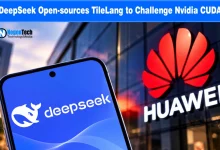 Smartphone displaying the DeepSeek logo held in front of a red Huawei corporate building logo.