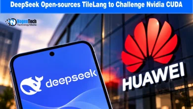 Smartphone displaying the DeepSeek logo held in front of a red Huawei corporate building logo.