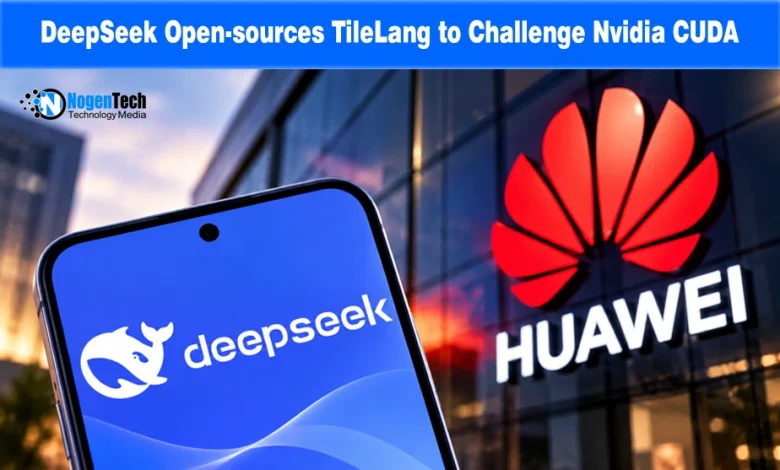 Smartphone displaying the DeepSeek logo held in front of a red Huawei corporate building logo.
