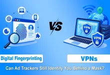 Digital fingerprinting browser graphic on the left versus a laptop with a secure VPN shield on the right.
