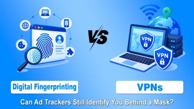 Digital fingerprinting browser graphic on the left versus a laptop with a secure VPN shield on the right.