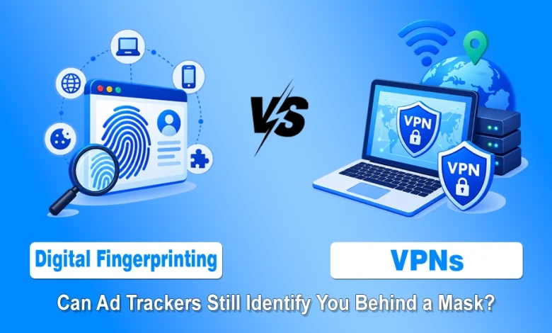 Digital fingerprinting browser graphic on the left versus a laptop with a secure VPN shield on the right.