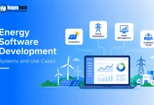 Flat vector illustration of a laptop showing energy analytics connected to Generation, Grid, Asset, and Customer portals.
