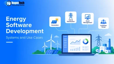 Flat vector illustration of a laptop showing energy analytics connected to Generation, Grid, Asset, and Customer portals.
