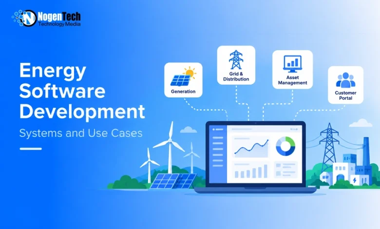 Flat vector illustration of a laptop showing energy analytics connected to Generation, Grid, Asset, and Customer portals.