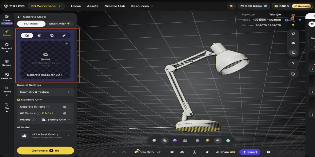 Tripo Studio interface displaying a white adjustable desk lamp 3D model with the image upload area highlighted for image-to-3D generation.