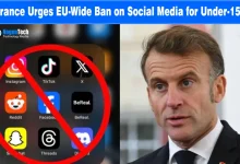 Split image showing a red prohibition symbol over social media app icons alongside French President Emmanuel Macron.
