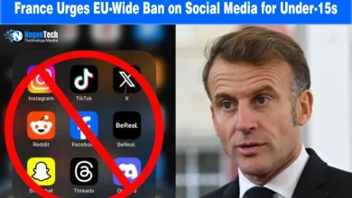 Split image showing a red prohibition symbol over social media app icons alongside French President Emmanuel Macron.