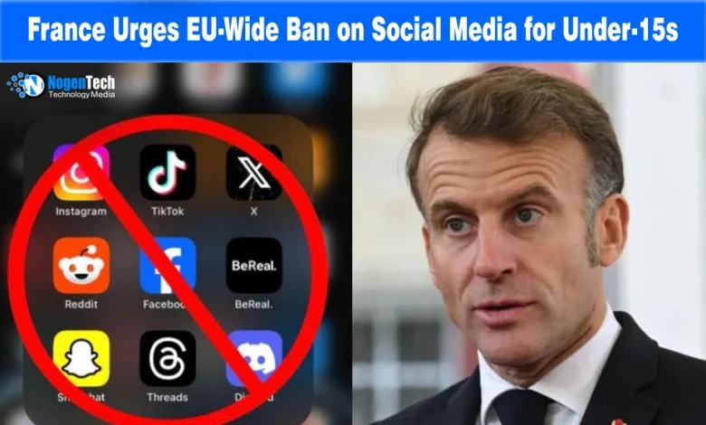 Split image showing a red prohibition symbol over social media app icons alongside French President Emmanuel Macron.