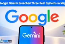Smartphone screen showing Gemini logo in front of a colorful Google background.