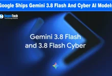 Blue glowing Gemini code brackets with text displaying Gemini 3.8 Flash and Cyber models.