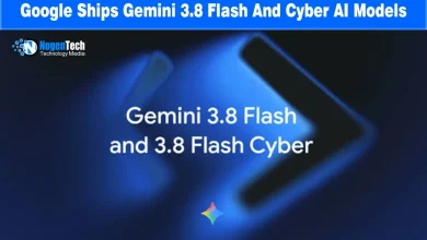 Blue glowing Gemini code brackets with text displaying Gemini 3.8 Flash and Cyber models.
