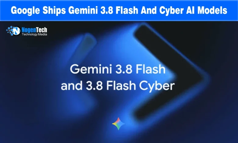 Blue glowing Gemini code brackets with text displaying Gemini 3.8 Flash and Cyber models.