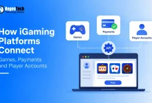 Flat vector illustration of a laptop connecting Games, Payments, and Player Accounts via API.