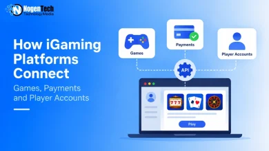 Flat vector illustration of a laptop connecting Games, Payments, and Player Accounts via API.