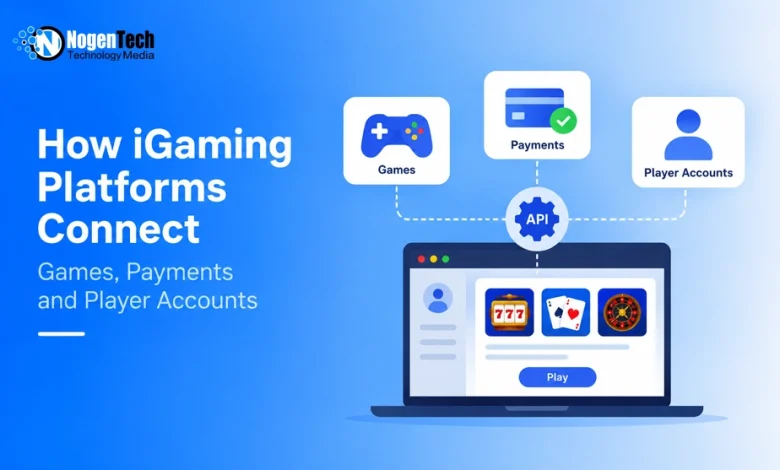 Flat vector illustration of a laptop connecting Games, Payments, and Player Accounts via API.