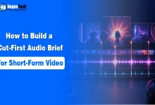 Digital audio waveform and video timeline editing interface with headphones and NogenTech branding.