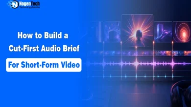 Digital audio waveform and video timeline editing interface with headphones and NogenTech branding.
