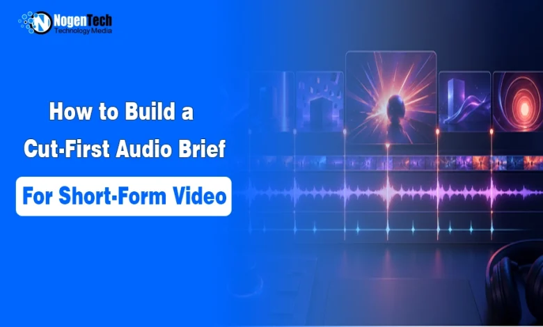 Digital audio waveform and video timeline editing interface with headphones and NogenTech branding.