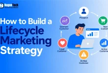 Vector illustration of a marketer at a laptop surrounded by a customer lifecycle stage diagram.