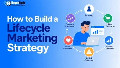 Vector illustration of a marketer at a laptop surrounded by a customer lifecycle stage diagram.