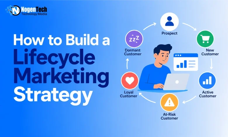 Vector illustration of a marketer at a laptop surrounded by a customer lifecycle stage diagram.