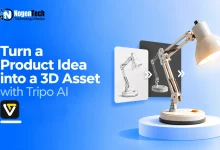Desk lamp transforming from a 2D sketch into a wireframe model and a fully rendered 3D asset.