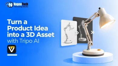 Desk lamp transforming from a 2D sketch into a wireframe model and a fully rendered 3D asset.