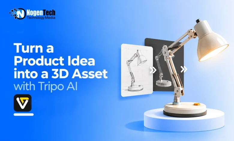 Desk lamp transforming from a 2D sketch into a wireframe model and a fully rendered 3D asset.