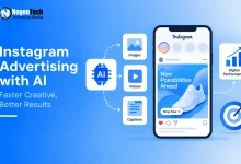 Flat vector showing a smartphone displaying an Instagram ad generated by AI tools.