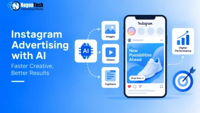 Flat vector showing a smartphone displaying an Instagram ad generated by AI tools.