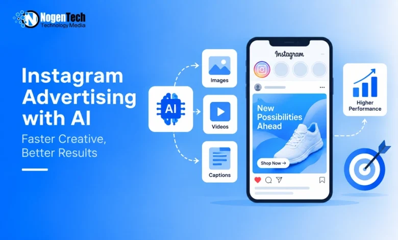 Flat vector showing a smartphone displaying an Instagram ad generated by AI tools.