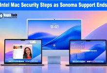 Setup of Apple devices including an iMac and two MacBook laptops displaying macOS Sonoma interface.