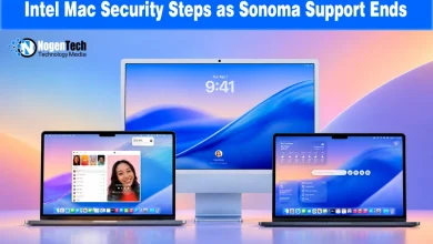 Setup of Apple devices including an iMac and two MacBook laptops displaying macOS Sonoma interface.
