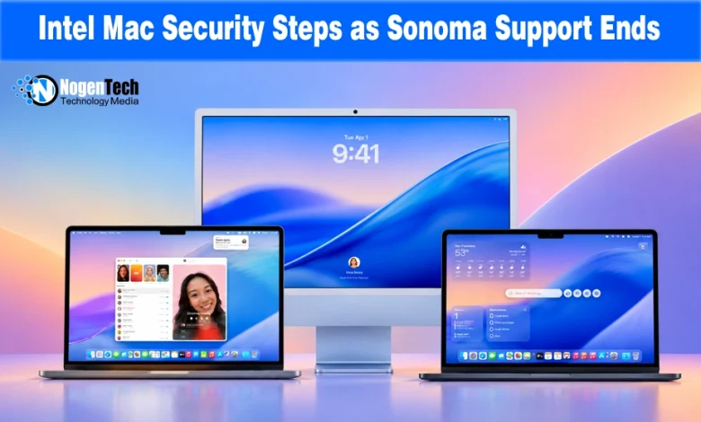 Setup of Apple devices including an iMac and two MacBook laptops displaying macOS Sonoma interface.
