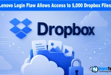 3D Dropbox logo and open file folder with a padlock graphic on a circuit background.
