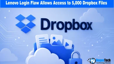 3D Dropbox logo and open file folder with a padlock graphic on a circuit background.