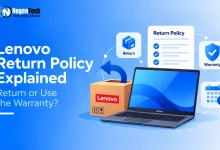 Lenovo laptop next to a return box with return policy and warranty icons.