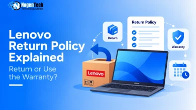 Lenovo laptop next to a return box with return policy and warranty icons.
