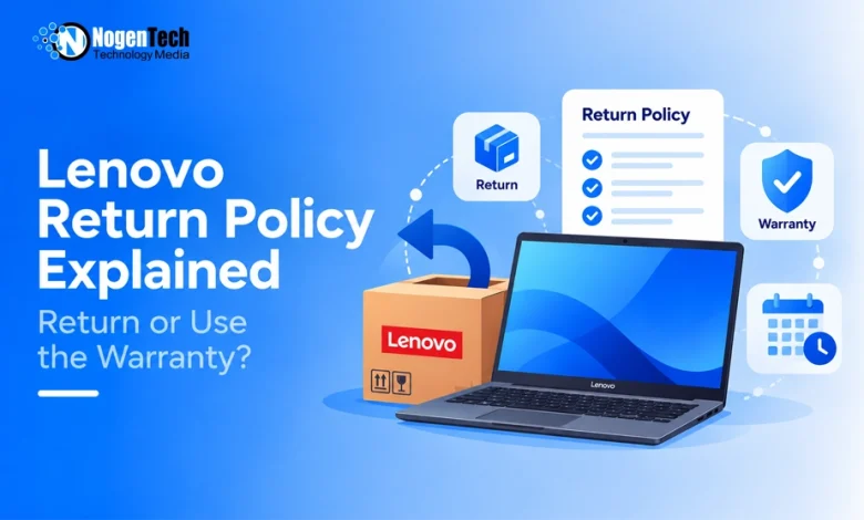Lenovo laptop next to a return box with return policy and warranty icons.