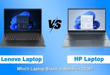 Lenovo laptop side by side with an HP laptop separated by a VS symbol on a blue background.