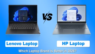 Lenovo laptop side by side with an HP laptop separated by a VS symbol on a blue background.