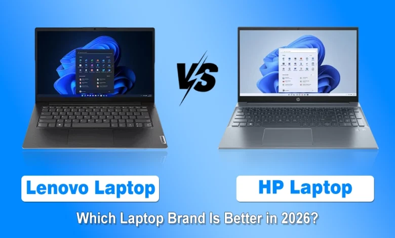 Lenovo laptop side by side with an HP laptop separated by a VS symbol on a blue background.