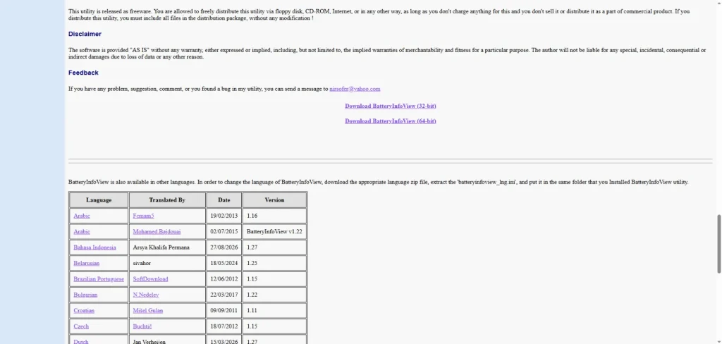 Screenshot of the location of the BatteryInfoView download link | Image Credit: NirSoft