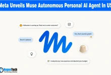 Blue stylized letter M logo for Meta Muse surrounded by chat bubbles and task icons.