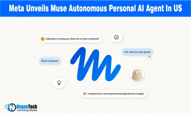 Blue stylized letter M logo for Meta Muse surrounded by chat bubbles and task icons.